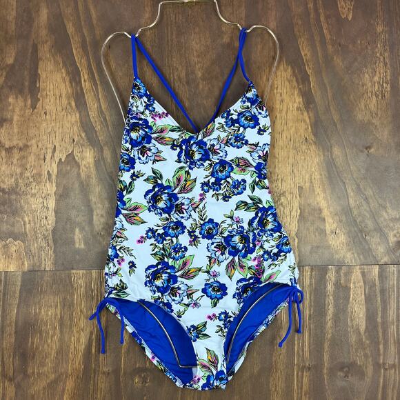 A.N.A New Approach Women Blue White Romeo Floral Open Back Swimsuit One Piece M - Picture 2 of 12